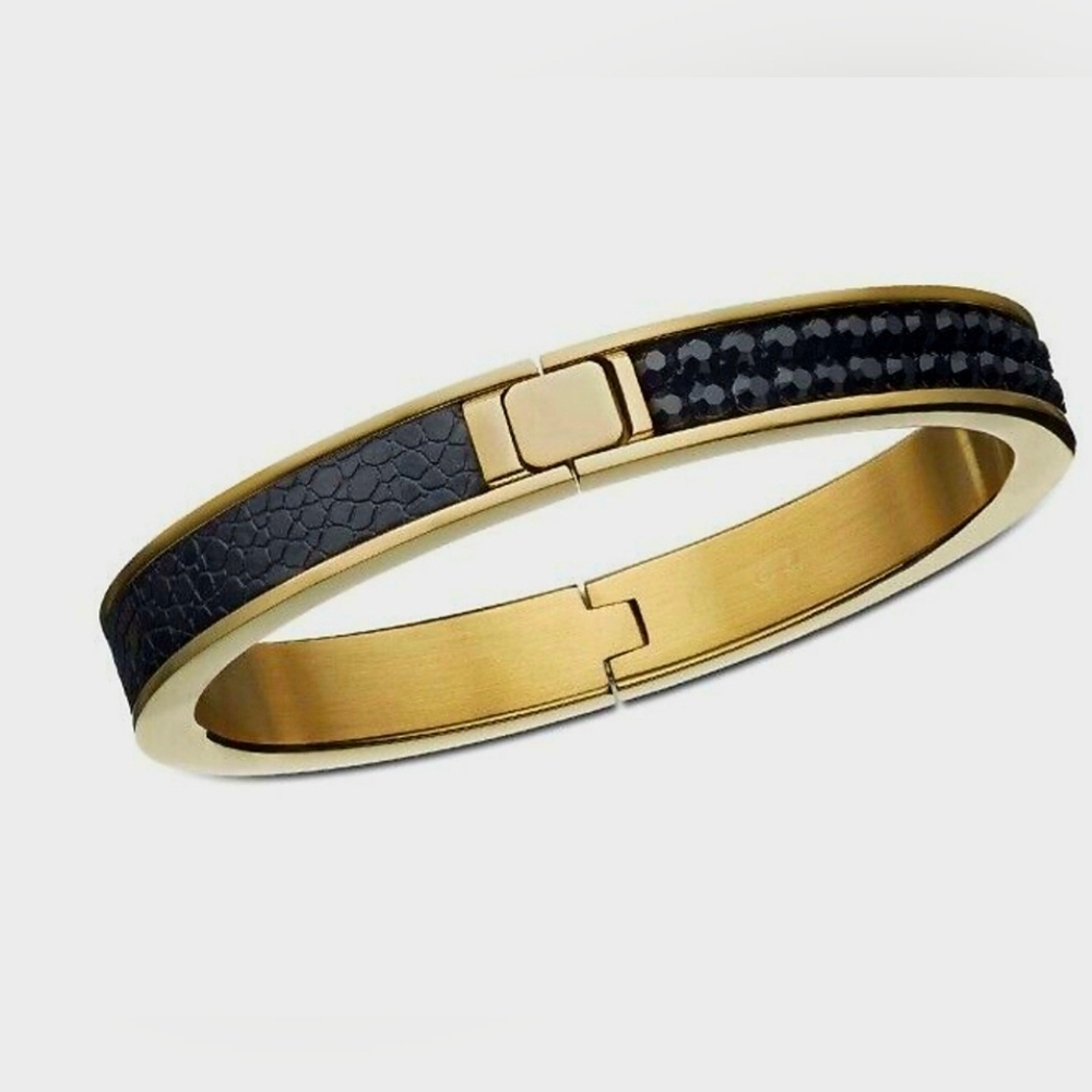 SWAROVSKI VINTAGE BANGLE BLACK  CRYSTALS &  LEATHER HINGED CUFF BRACLET  SIZE M